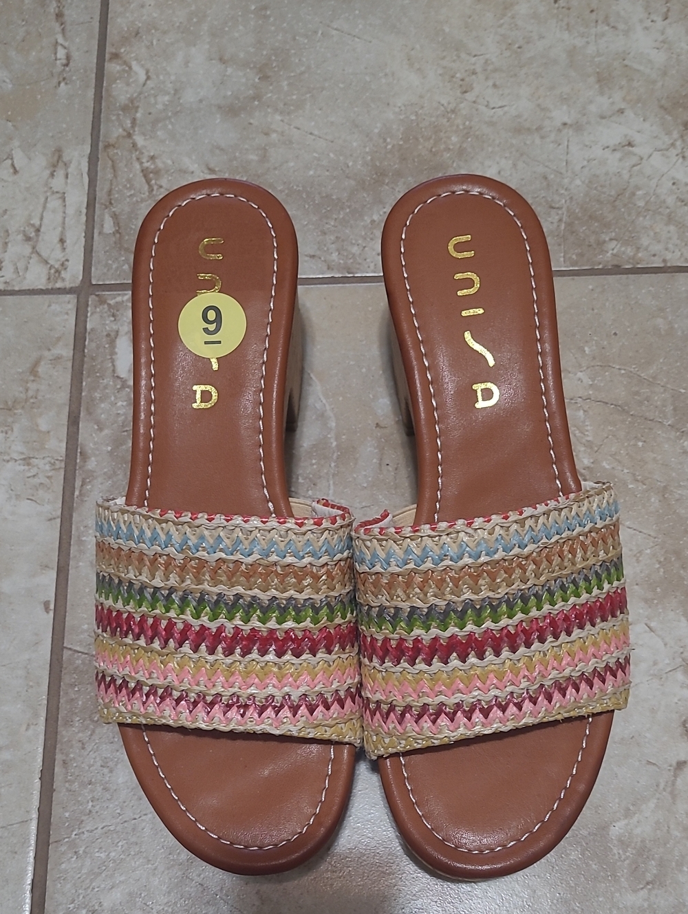 Unisa Tan Leather Slide Mules with Multicolor Woven Band